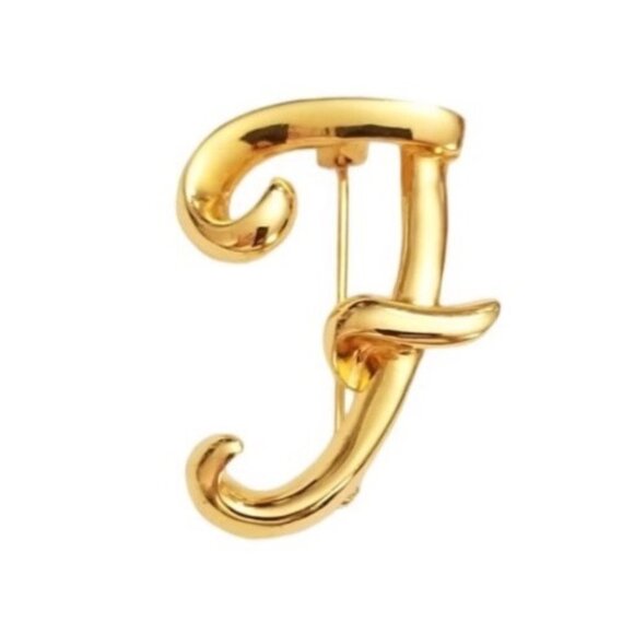 Anne Klein Gold-Tone Cursive Script Letter Initial F Brooch, Signed L61 - Picture 3 of 7